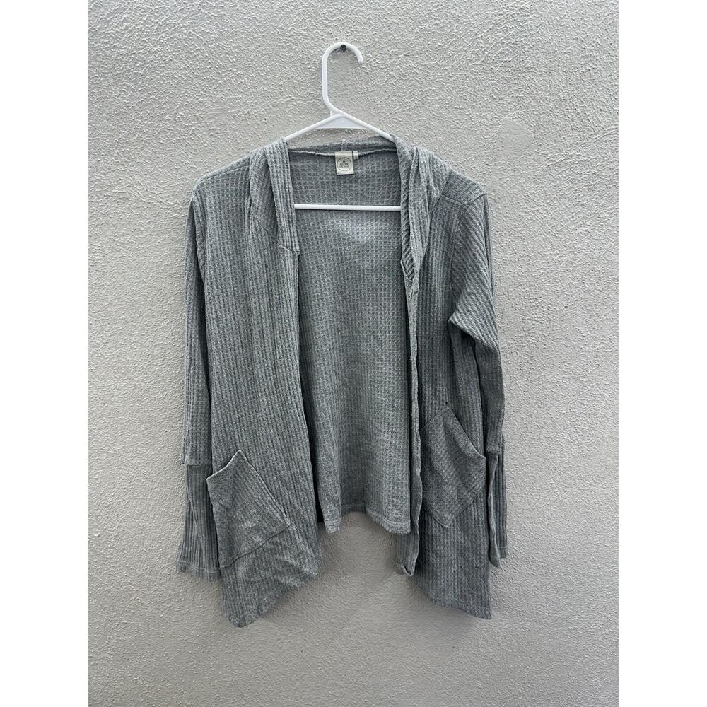 Paper Crane Womens Cardigan Small Gray Waffle Knit Long Sleeve Open Front Hooded